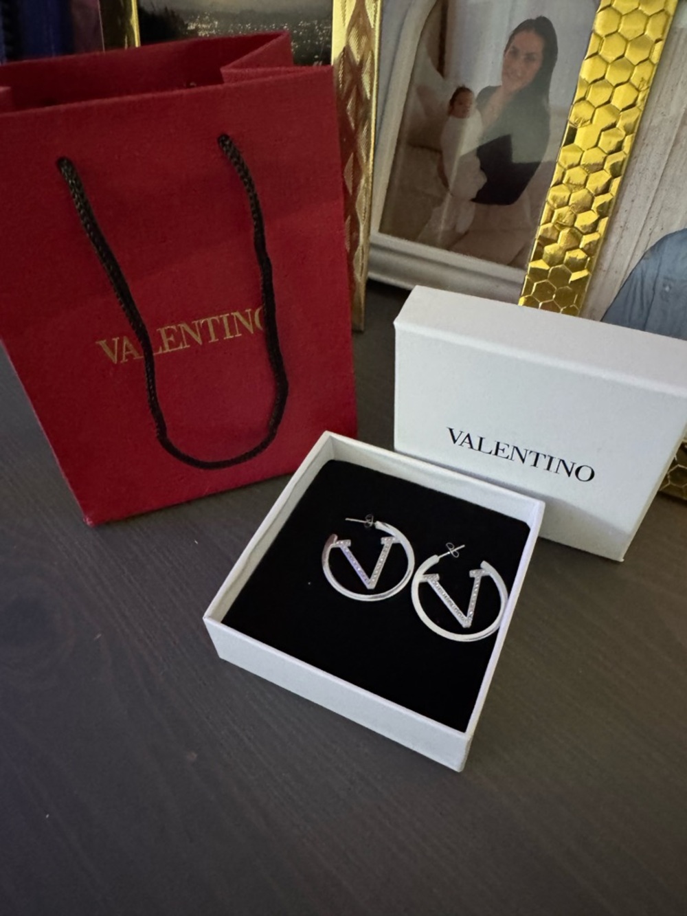 Silver Valentino  Hoop Earrings with Crystal Accents - Picture 2 of 8